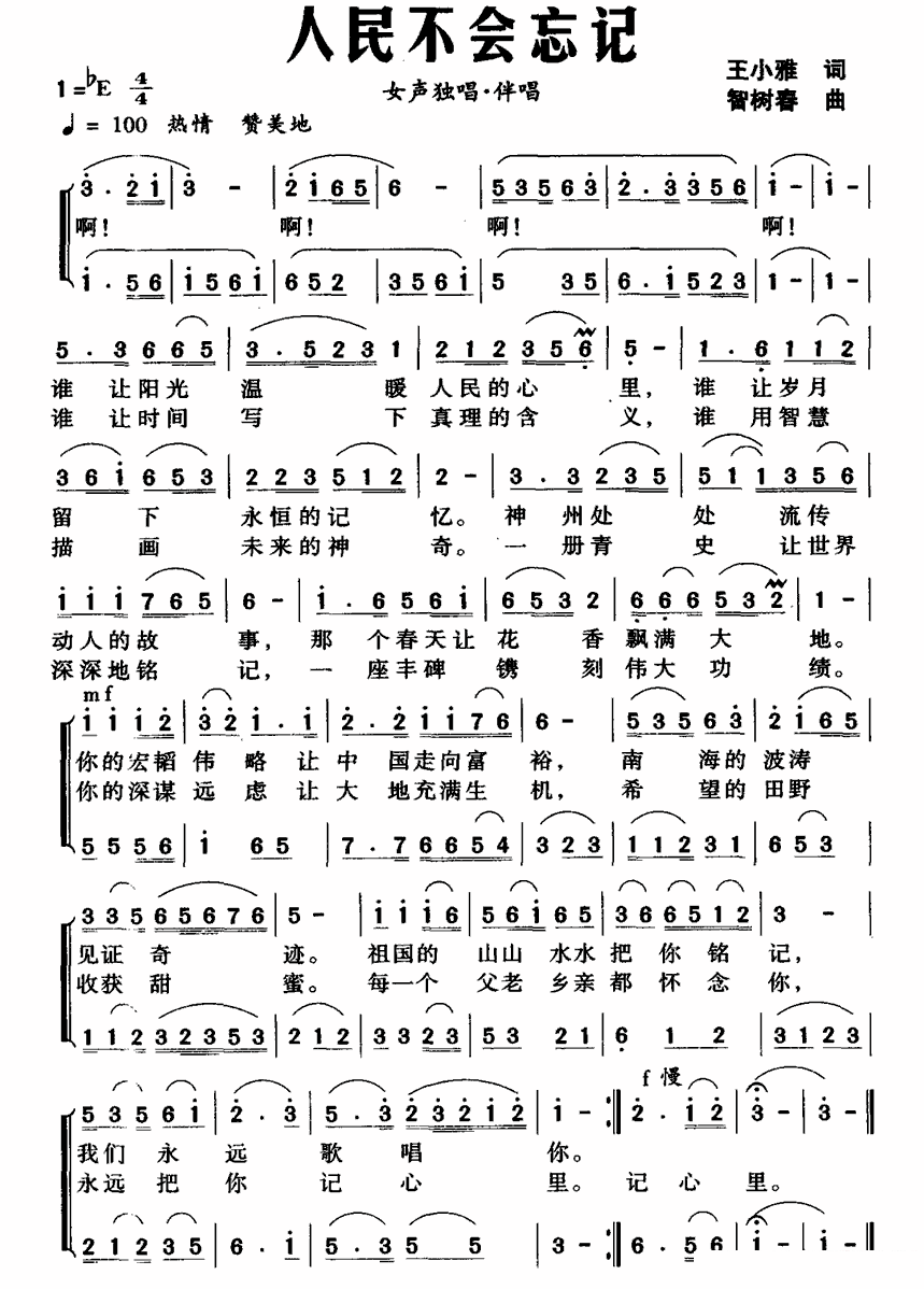《人民不会忘记》简谱