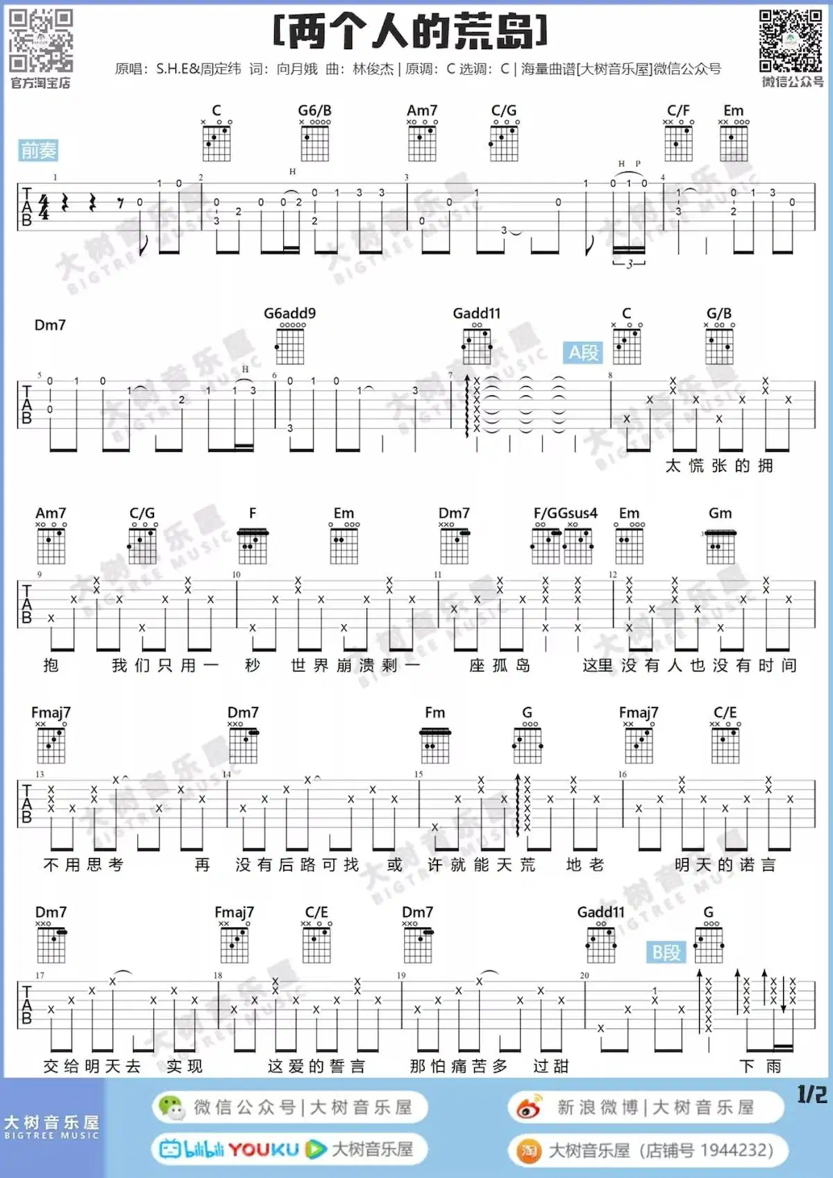 两个人的荒岛（S.H.E演唱 C调指法弹唱谱）